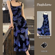 Hot Girl Style Blue Flash Butterfly Printed Sling Dress Slim-fit Slimmer Look Temperament High-End Long a Skirt 4.30