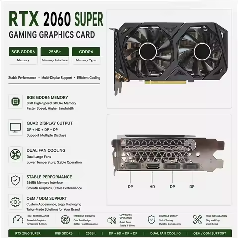 Graphics Card RTX 2060 Super 8GB GDDR6 256Bit PCIe Fan-Cooled Gaming GPU Cost-Effective Factory Dire