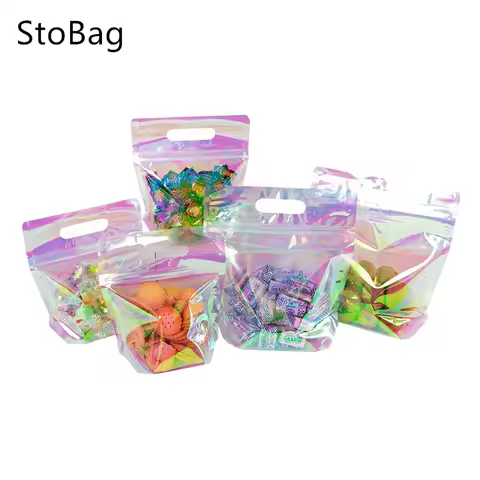 StoBag Laser Colored Transparent Zipper Tote Bag Packaging Snowflake Crisp Nougat Dessert Cookies Fo