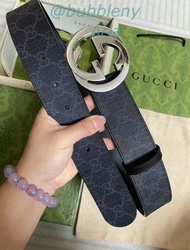 GUCCI 古馳 黑色GG Supreme老花銀色雙G扣男士皮帶