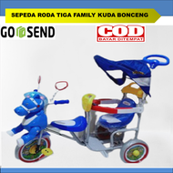 Sepeda Anak Roda Tiga Family Kuda Boncengan Kembar, Sepeda Roda Tiga Family F 9061 Mainan Musik Kanopi Anti Panas Jagaan Pengaman