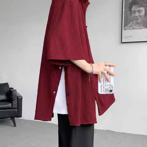 Wine Red Side Buttons Pleated Shirt Black Apricot Harajuku Button Up Korean Short Sleeve Aesthetic M