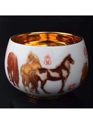 ถ้วยชากระเบื้องลายม้าเคลือบด้วยทอง 24K