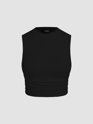 Cider KPOP เสื้อกล้ามครอปท็อปผู้หญิง เสื้อแฟชั่นผญ ลุคสตรีท สไตล์เกาหลีSolid Sleeveless Ruched Crop Top