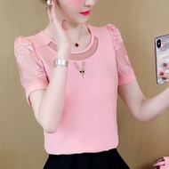 Lace Shirt 2024 Korean Version Short-Sleeved Women's Bottoming Shirt Women's Small Shirt Chiffon Top Short T-Shirt