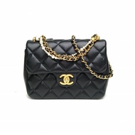 CHANEL CF口蓋包黑色羊皮晶片開金扣珍珠皮穿三鏈手柄