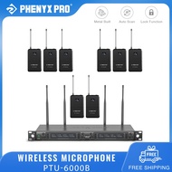 Phenyx Pro PTU-6000B 8-Channel UHF Wireless Microphone System 8 Bodypacks and Headsets/Lapel Mics Auto Scan 8x40 Adjustable UHF Channels 328ft Microphone for Singing Church Stage