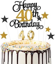 Ainiv Happy 40th Birthday Cake Toppers Set 40 Number Candle for Birthday Cake Black Gold 40th Birthd