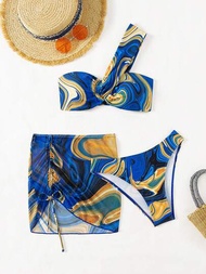 Conjunto De Bikini De Un Hombro Y Estampado De Mármol Para Mujer, Traje De Baño Con Falda De Encubrimiento, Traje De Baño De Playa Para Las Vacaciones De Verano