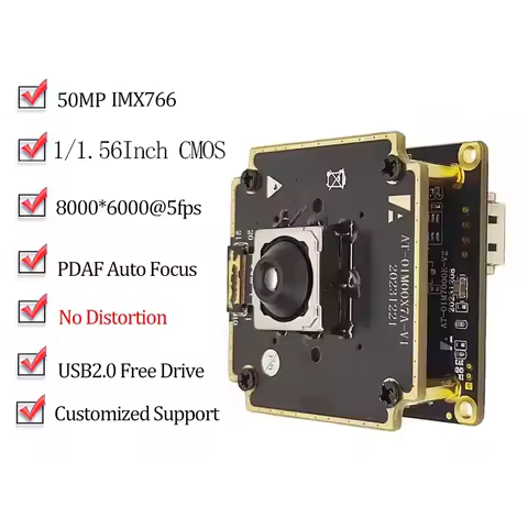 CMOS IMX766 50MP 8160Hx6120V USB2.0 Camera Module Board Phase Detection Auto Focus 72 Degree No Dist
