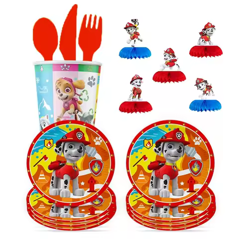 PAW PATROL red Patrol Dogs Birthday Decoration Balloons Paper cup tray Disposable Tableware Backgrou