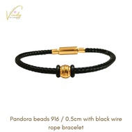 VINDYMY 916/22K PANDORA BEAD 0.5cm WITH BLACK WIRE ROPE BRACELET