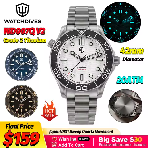 Watchdives WD007Q V2 Titanium Dive Watch 42mm VH31 Sweep Quartz AR Sapphire Crystal 200M Waterproof 