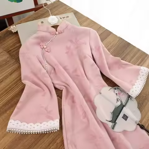 Oriental Women Cheongsam Traditional Qipao Elegant Vintage Party Qibao Pink Chinese Style Dress