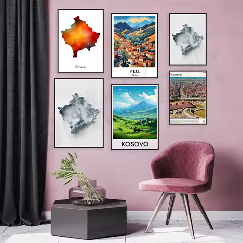 Kosovo prints, Pristina - Kosovo tourist city poster, Kosovo simple topographic map - elevation map,