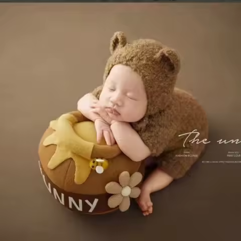 Handmade Knitted Boucle Teddy Bonnet Jumpsuits Crochet Bear Romper Newborn Photography Outfit Baby P