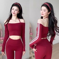 seluar yoga perempuan set women Set Yoga Pinggang Tinggi Keanjalan Tinggi Berkobar dengan Pelapik Da