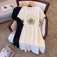 Plus Size Casual Fashion Round Neck Letter Printed T-Shirt Dress Button Narrow-Waist Design A-Line Dress