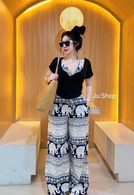 JZ ชุดเซ็ต 3 ชิ้น ลายช้างผ้าไหมอิตาลี บราผูกคอ+กางเกงขายาวมีกระเป๋าข้าง+เสื้อคลุมผ้าร่อง น่ารักมาก