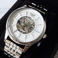 EMPORIO ARMANI 鏤空錶盤 銀色不鏽鋼材質 鋼帶 自動機械錶 AR1945