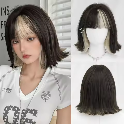 7JHH WIGS Short Straight Black Highlight Blonde Wig for Women Synthetic Modest Fashion Wear and Go B