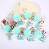 Green Pompom 26 Initials Letter Keychain Words Keyring with Pompom Ball Glitter Gradient Color Resin
