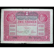 t-1919年奧匈帝國銀行奧匈仕女肖像加蓋德意志奧地利(German-Austria Republic)紅戳2克郎鈔票(奧匈帝國瓦解初期)
