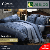 JESSICA ชุดผ้าปูที่นอน Cotton 100% พิมพ์ลาย Graphic C1036 สีน้ำเงิน #เจสสิกา ชุดเครื่องนอน 6ฟุต ผ้าป