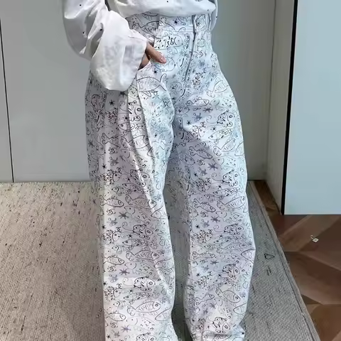 Girls Fish Print High Waisted Jeans Pants Female Baggy Wide Leg Denim Pants Lady Chic Korean Daily J