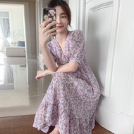 France Summer V Neck Short Sleeve Chiffon Dress Casual Loose Flare Floral Maxi Dress