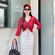 lvupthaishop เสื้อครอปรูดหน้า แขนยาว สวยไฮโซ เรียบหรูดูแพง รุ่น ถักกล้วยไม้ B-023-3-A