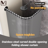 Extendable Curved Shower Curtain with Rod Set Punch-Free Stainless Steel Curtain Rod for Bathroom Ex