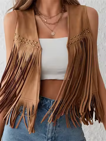 Suede Tassel Vest Women's 70s Hippie Outfit Sleeveless Open Front Vest Western Jacket