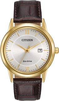 Citizen Mens Eco-Drive Corso Classic Watch in Gold-tone Stainless Steel with Brown Leather Strap Champagne Dial (Model: AW1232-04A)