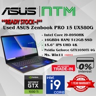 #AZ311 USED ASUS ZENBOOK PRO 15 UX580G intel i9-8950HK 16GBD4 512GB SSD Nvidia GTX1050Ti 4G GraphIc 