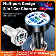 8-in-1 Car Charger 66W Fast Charging 4USB 4TYPE-C Car Phone Charger Adapter Digital Display Smartpho
