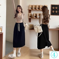 2024 New Style Summer Side Slit Air Cotton Skirt with Drawstring Elastic Waist Skirt Apricot Mid-Length a-Line Skirt