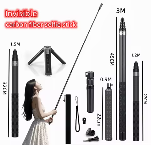 M/1.2M Invisible Selfie Stick Carbon Fiber Extended Monopod 47.2" Long Pole for DJI Osmo 360/Nano/Ac