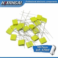 500pcs Polypropylene Safety Plastic Film 100V 1nF ~ 470nF 220nf 10nf 47nf 22nf 1nf 0.47uf 0.1uf Corr