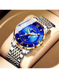 1 件男士地圖腕錶,時尚商務,金色不鏽鋼錶帶,藍色地球錶盤,奢華設計,夜光指針,水鑽刻度,日曆日期,防水石英手錶