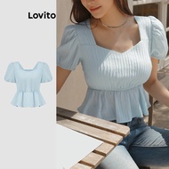 Lovito Casual Plain Ruffle Hem Puff Sleeve Blouse for Women L117AD611