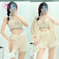 Đồ bơi nữ bikini 3 món ren móc quảng châu cổ yếm phong cách vintage đồ đi biển bikini kín đáo