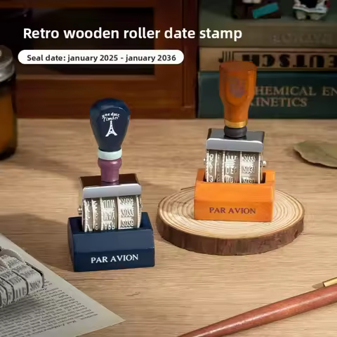 Retro Date Stamp Wheeled Wooden Rolling Calendar Stamp for Journaling DIY Adjustable Year/Month/Day 