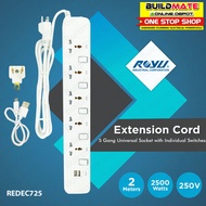 ROYU 5 GANG Extension Cord Socket Outlet with Individual Switch & 2 USB Port REDEC725 - BUILDMATE - 