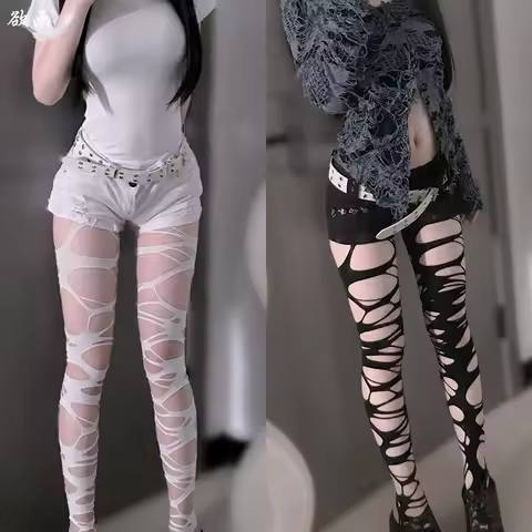 Lolita JK Ripped High Waist Stockings Punk Hollow Fishnet Stockings for Women Gothic Spider Web Stoc