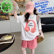 Cute Girl Store COD🚀blouse budak perempuan，"Headset" T-shirt corak, lengan pendek gaya minimalis, ke