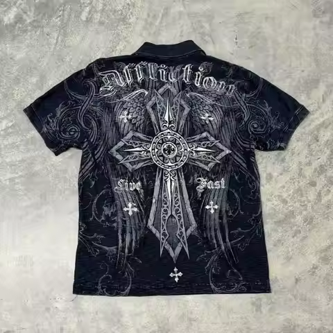 Affliction New Men Polo shirt Skull Graphic Harajuku Round Neck Oversized T Shirt Short Sleeve Tops 
