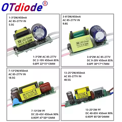 Inside 1-36W Isolation AC85-277V LED Driver 1-3x2W 3-6x2W 4-8x2W 7-13x2W 13-25x2W 450mA DC2-85V Cons
