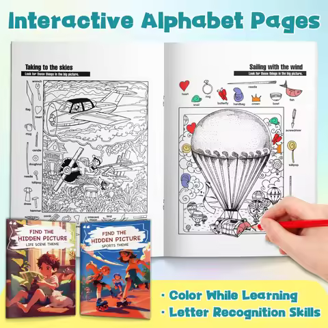 2-Book Find the Hidden Picture Activity Book Set for Kids, Life Scene and Sports Themes, Look-and-Fi