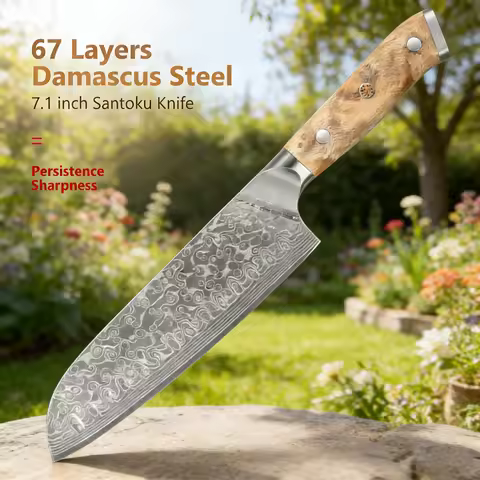 7.1 Inches Damascus Kitchen Santoku Knife 10Cr15CoMov Steel Core Figured Sycamore Wood Handl